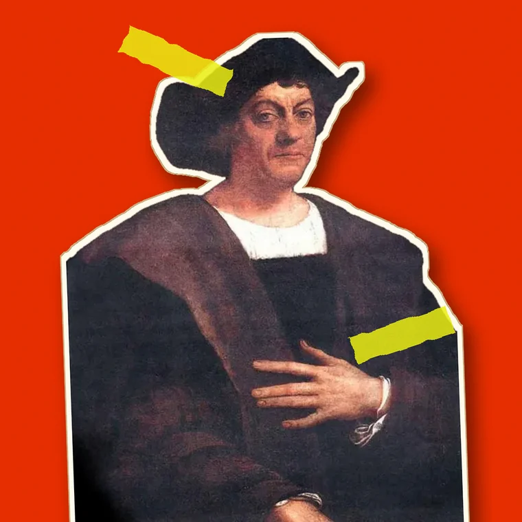 Collage of a painted portrait of Christopher Columbus, cut out and taped onto a red background